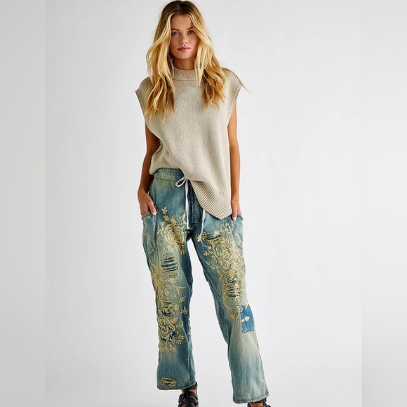 New Magnolia Pearl OKeefe Jeans Floral Embroidered Denim Jean Indigo Pant 210 os - Picture 2 of 16
